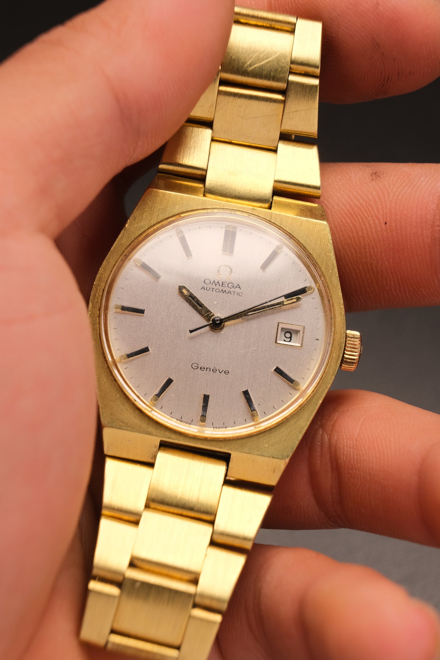 Vintage Omega Genève 166099 Gold Case Gold Bracelet White Dial