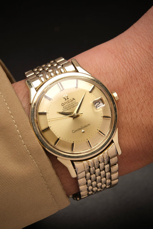 OMEGA CONSTELLATION PIE PAN DOG LEG GOLD AUTOMATIC CHRONOMETER REF. 168.005