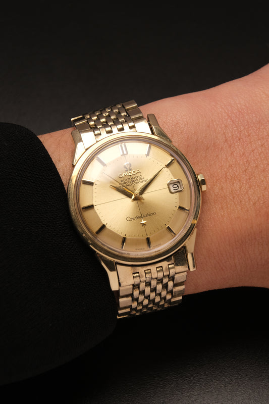 OMEGA CONSTELLATION PIE PAN DOG LEG GOLD  CROSS DIAL AUTOMATIC CHRONOMETER REF. 168.005